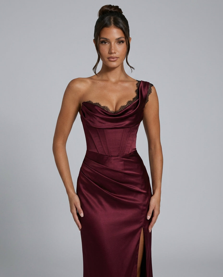 Isadora | Asymmetric Lace-Trim Strapless Maxi Dress