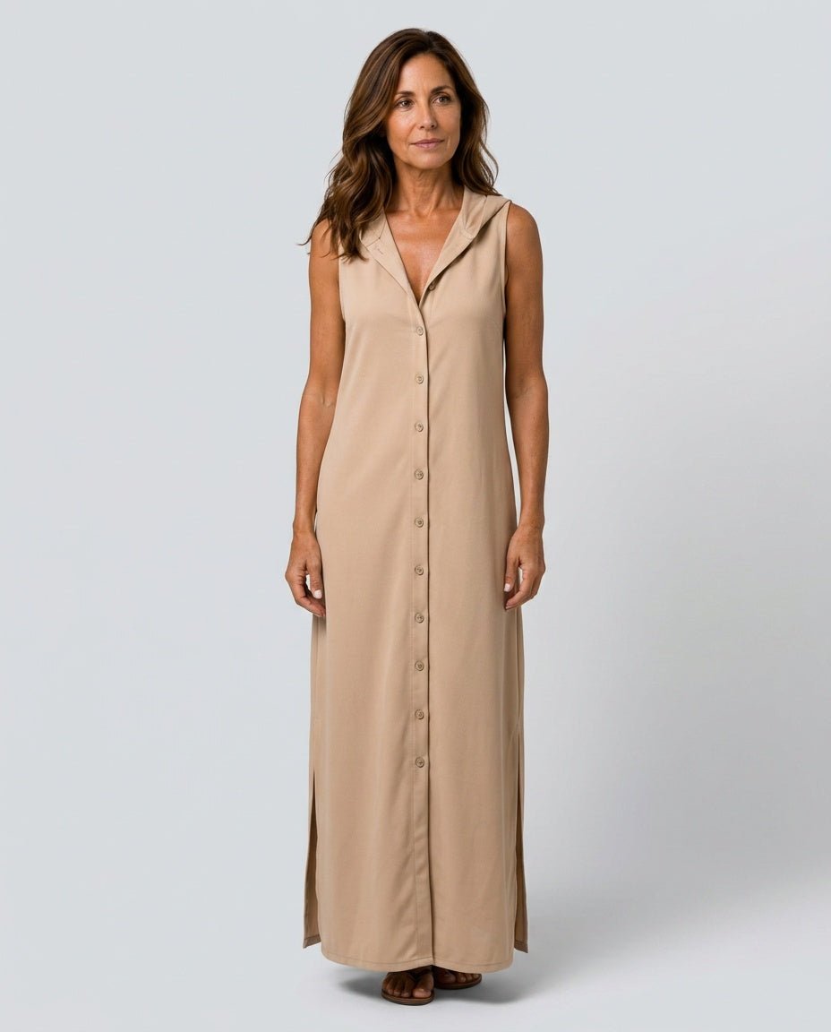 Harlow | Sleeveless Button-Front Hooded Maxi Dress