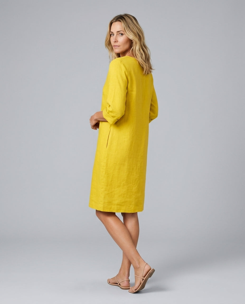 Celeste | V-Neck 3/4 Sleeve Linen-Look Midi Dress