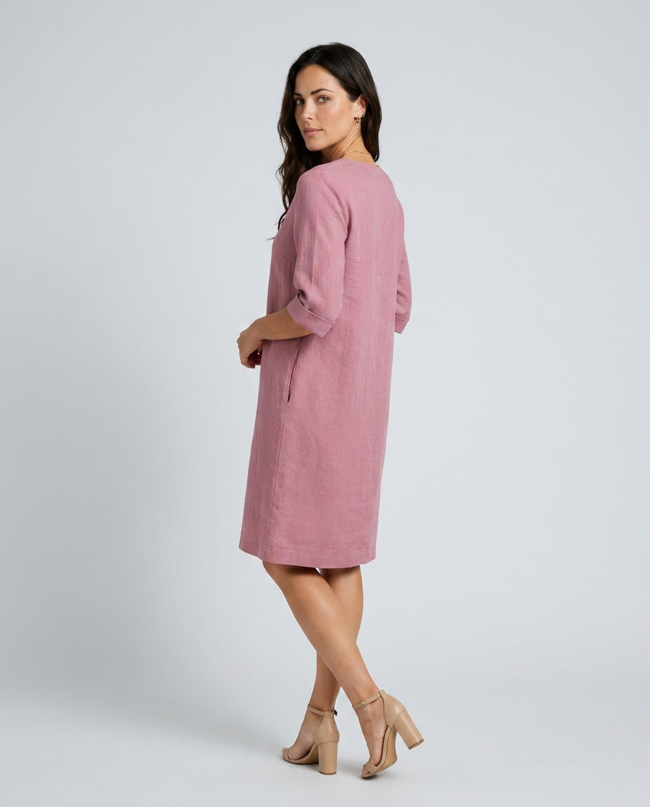 Celeste | V-Neck 3/4 Sleeve Linen-Look Midi Dress