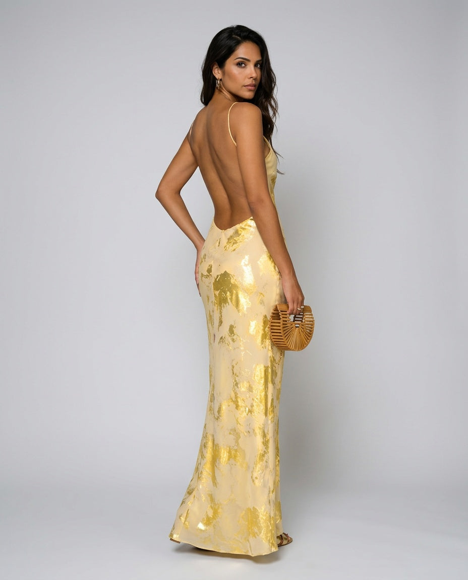 Esme | Yellow & Gold Backless V-Neck Maxi Dress