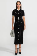 Lucette | Crystal Button Lace Trim Midi Dress