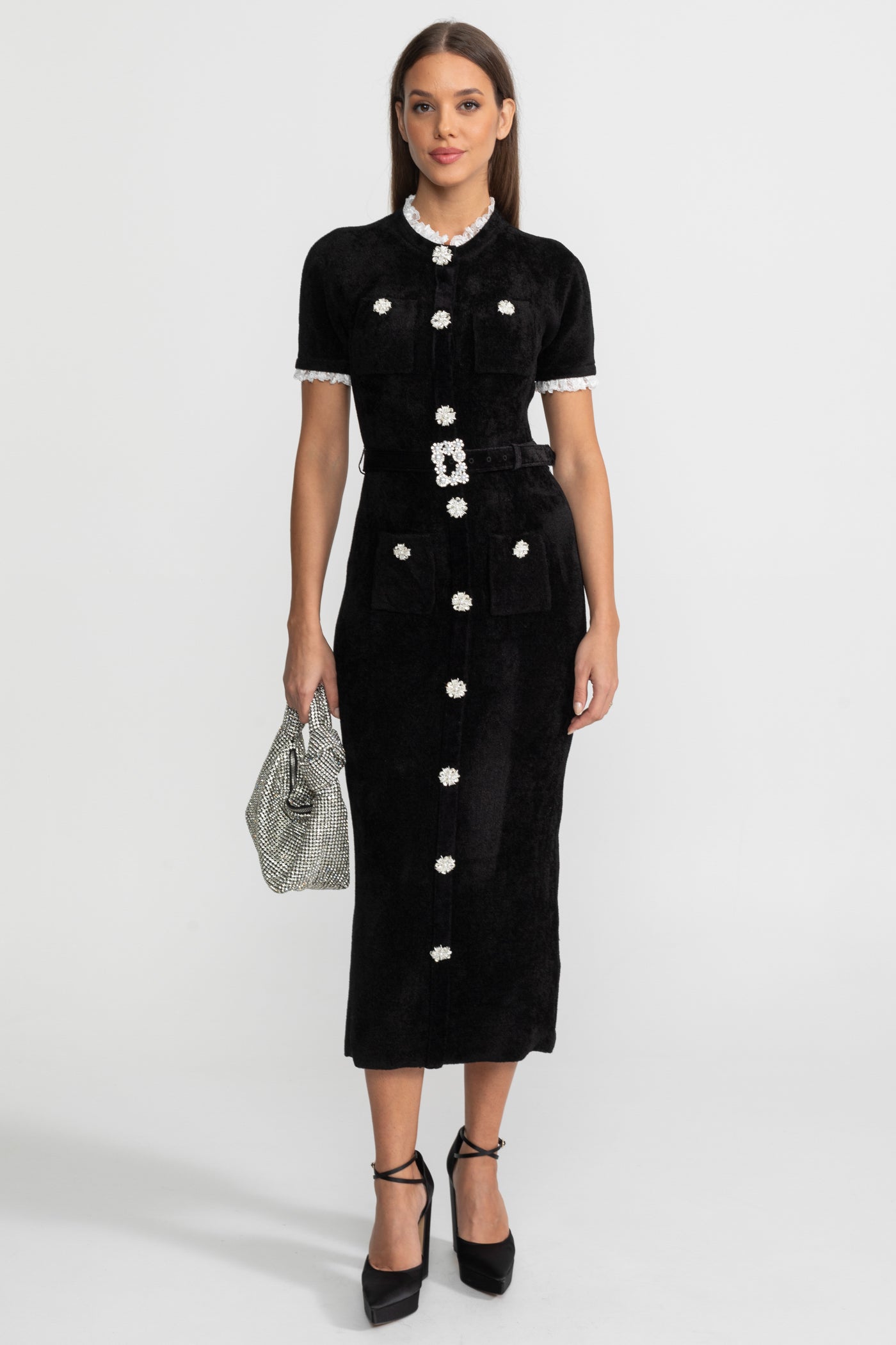 Lucette | Crystal Button Lace Trim Midi Dress