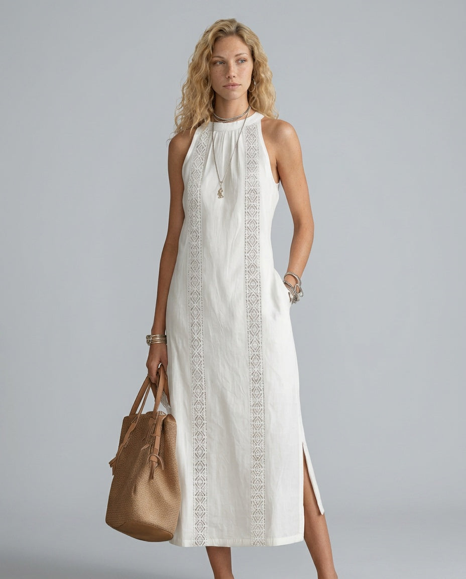 Margaux | High Neck Lace Detail Sleeveless Midi Dress