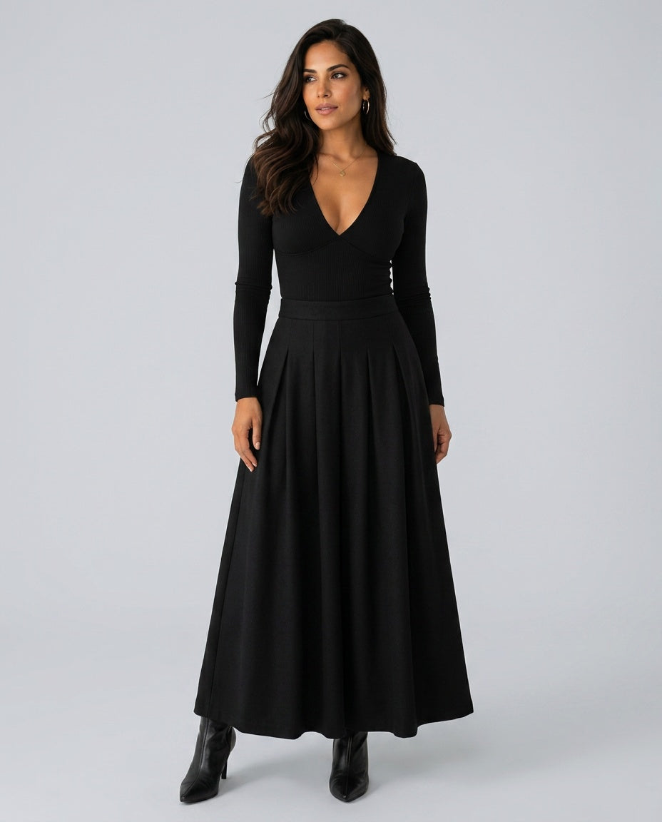 Harlow | Ankle-Length A-Line Stretch Wool Maxi Skirt