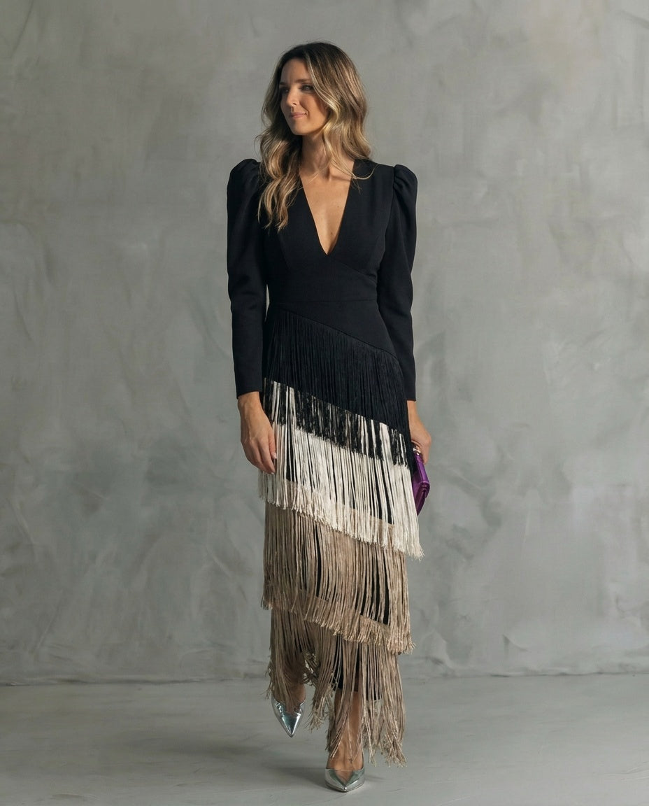 Brigitte | Fringe V-Neck Long Sleeve Midi Dress