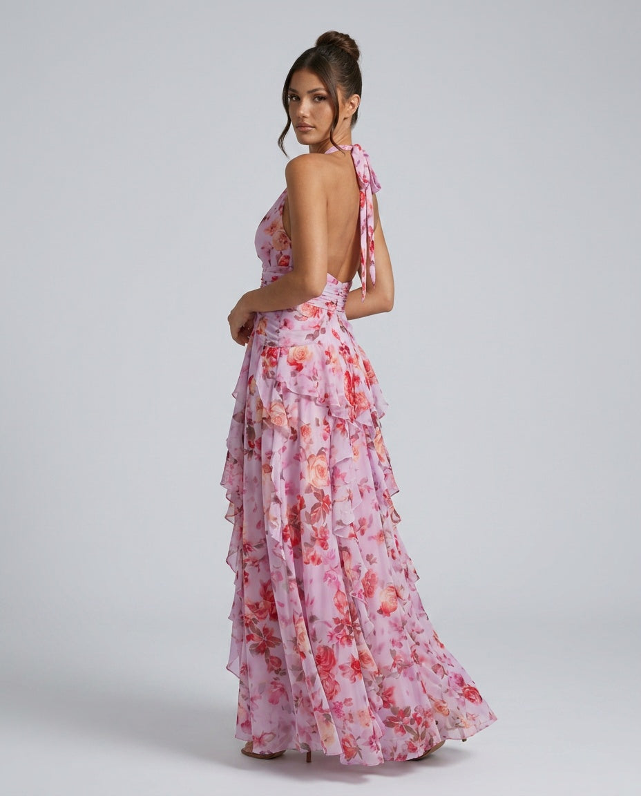 Nori | Halter Neck Ruched Floral Maxi Dress
