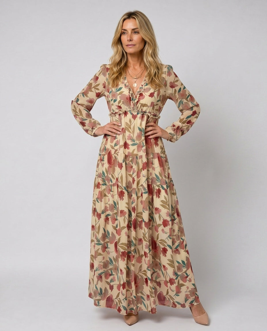 Frankie | Floral Print Long Sleeve Tiered Maxi Dress