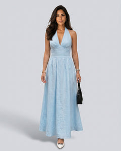 Salma | Halter V-Neck Gathered A-Line Maxi Dress