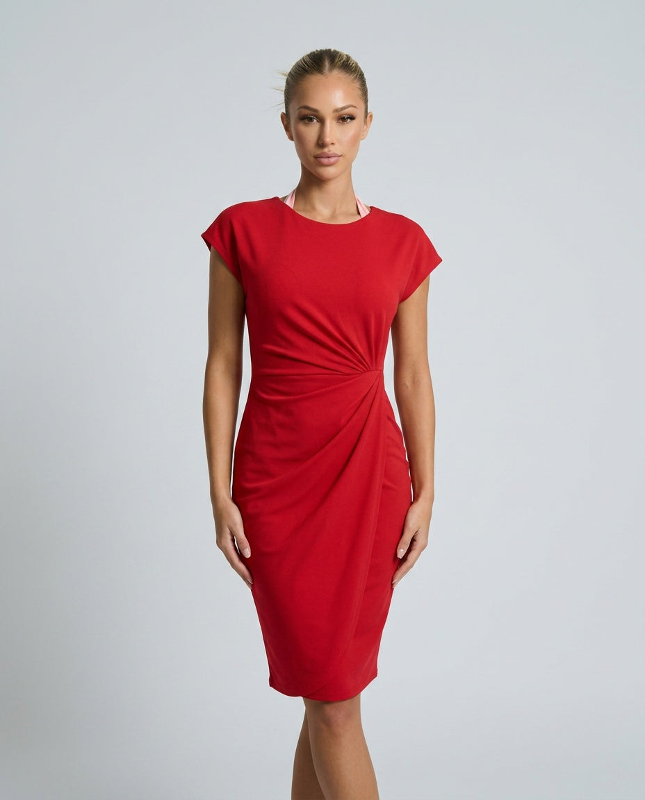 Valentina | Ruched Waist Round Neck Midi Dress