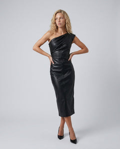 Imogen | Glossy Faux Leather Black Midi Dress