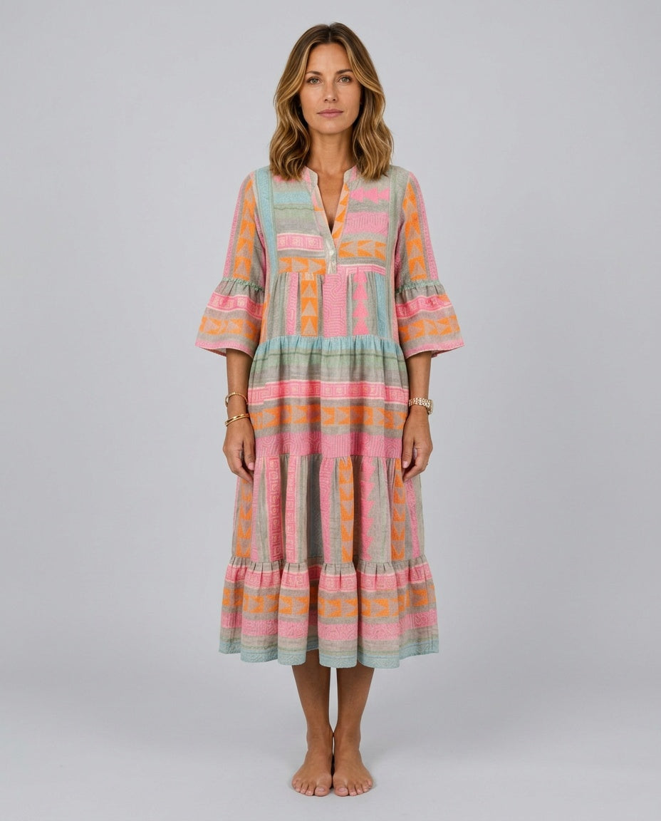 Maelle | Geometric Print V-Neck Tiered Midi Dress