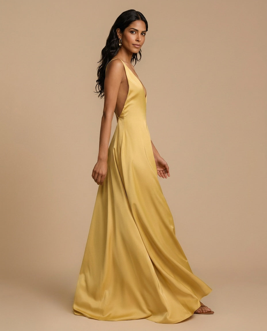 Aurelia | Backless Beaded V-Neck Satin Maxi Dress