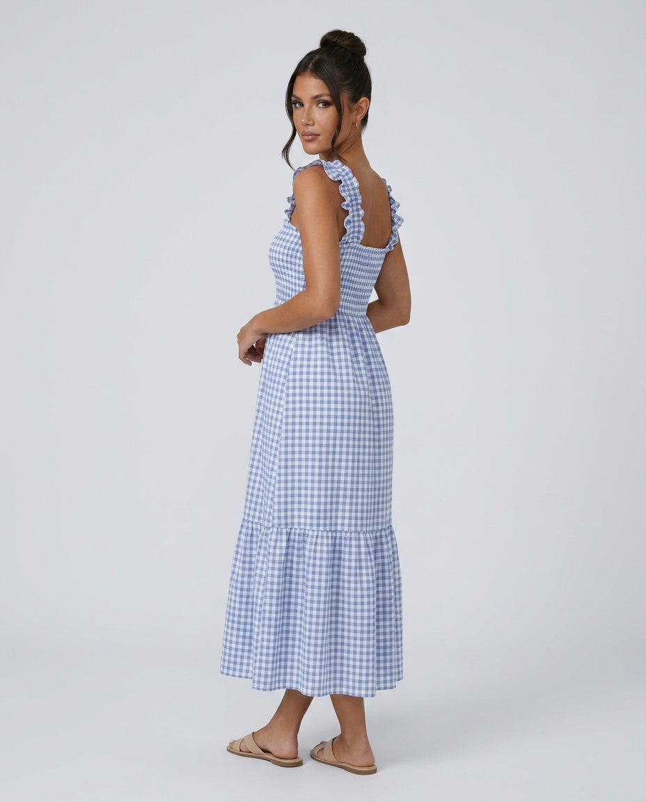 Ximena | Flutter Sleeve Smocked Gingham Maxi Dress