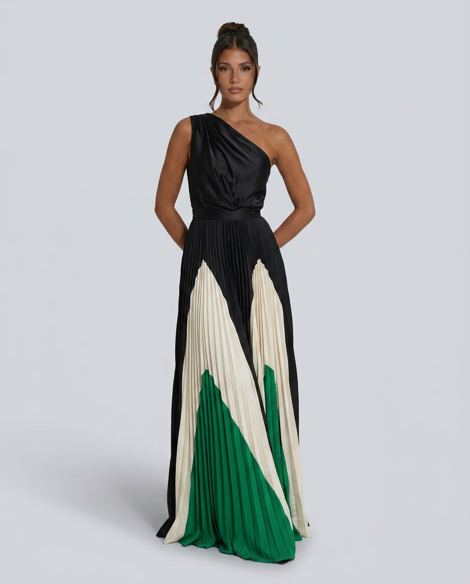 Aurore | Asymmetric Draped Pleated Multicolour Maxi Dress