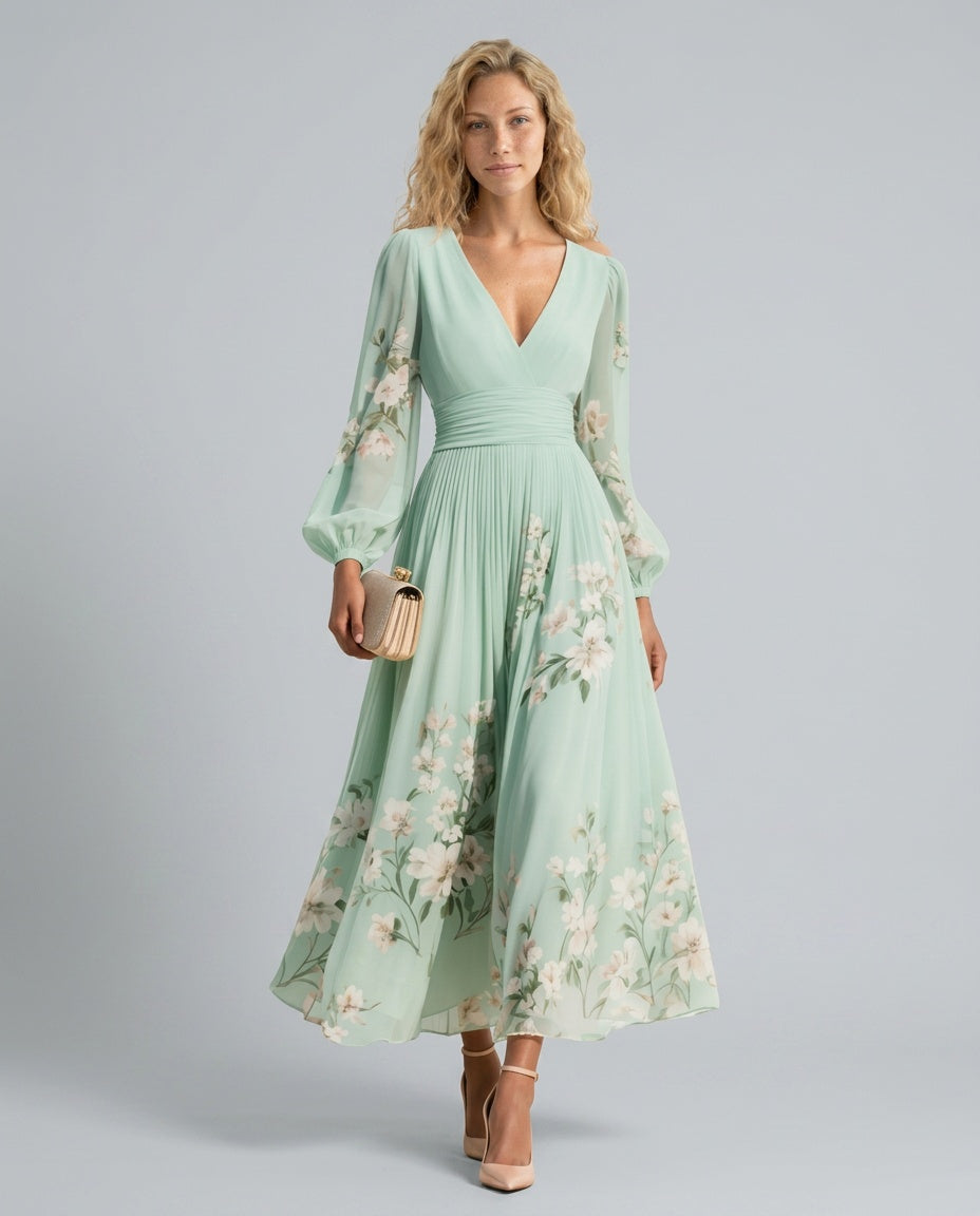 Aurelia | Long Sleeve Floral Midi with Pleated Skirt