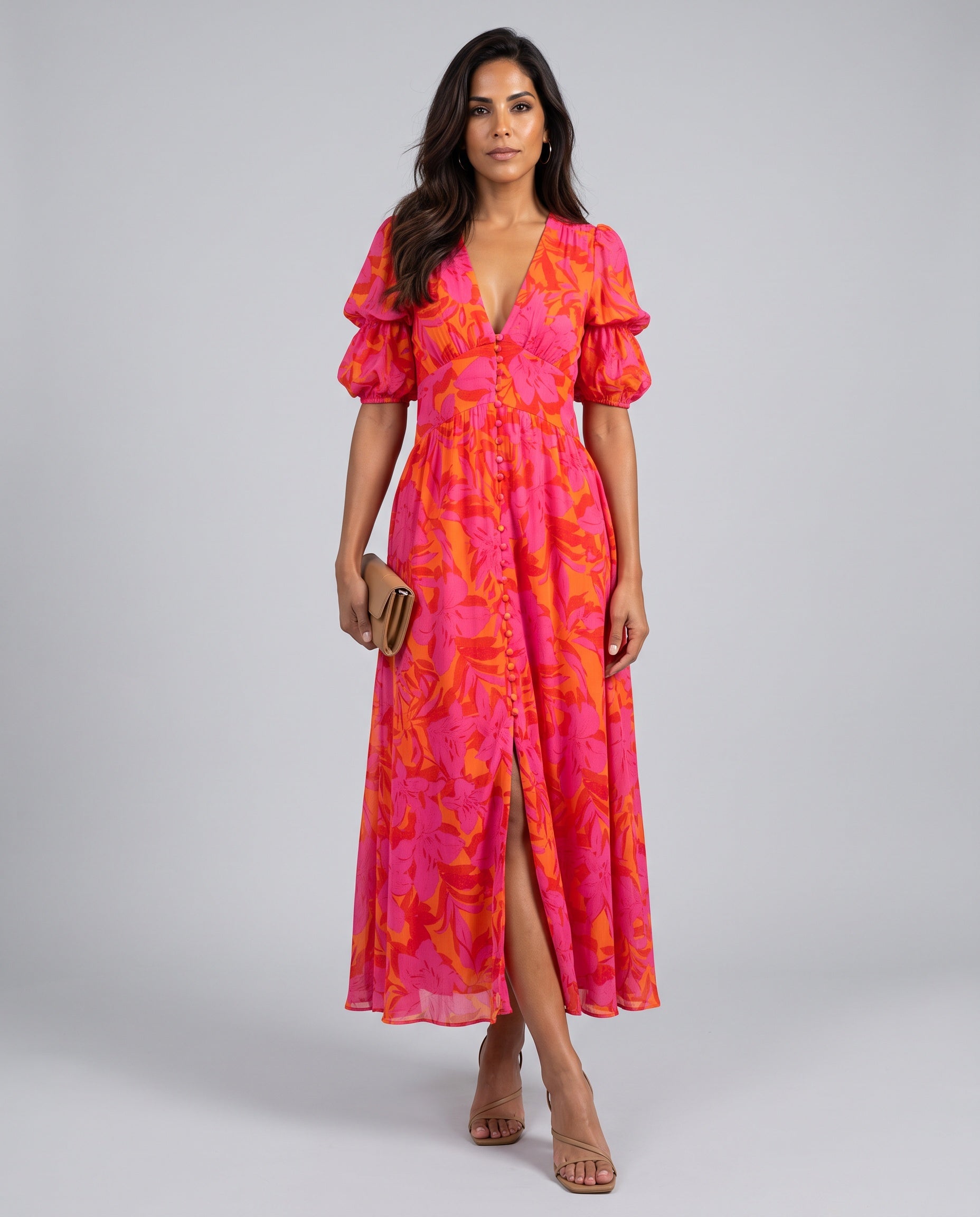 Cleona | Puffed Silhouette Short Sleeve Maxi Dress