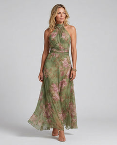 Dahlia | Floral Halter Neck Chiffon-Look Maxi Dress