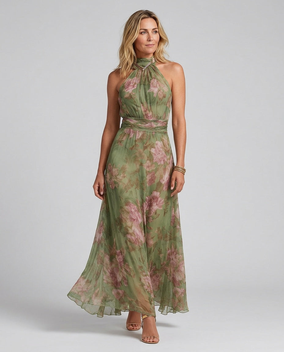 Dahlia | Floral Halter Neck Chiffon-Look Maxi Dress