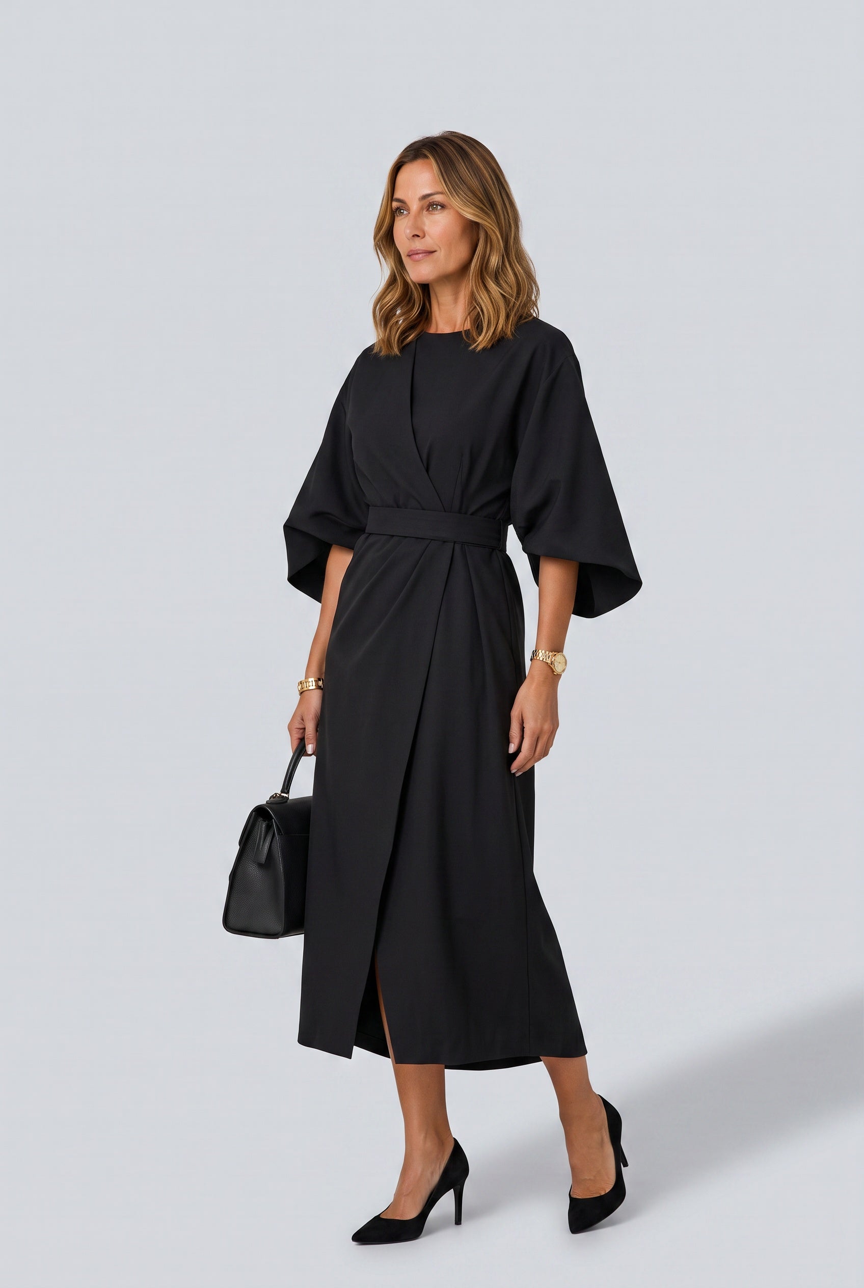 Esme | Wide Sleeve Belted Round Neck Midi Dress