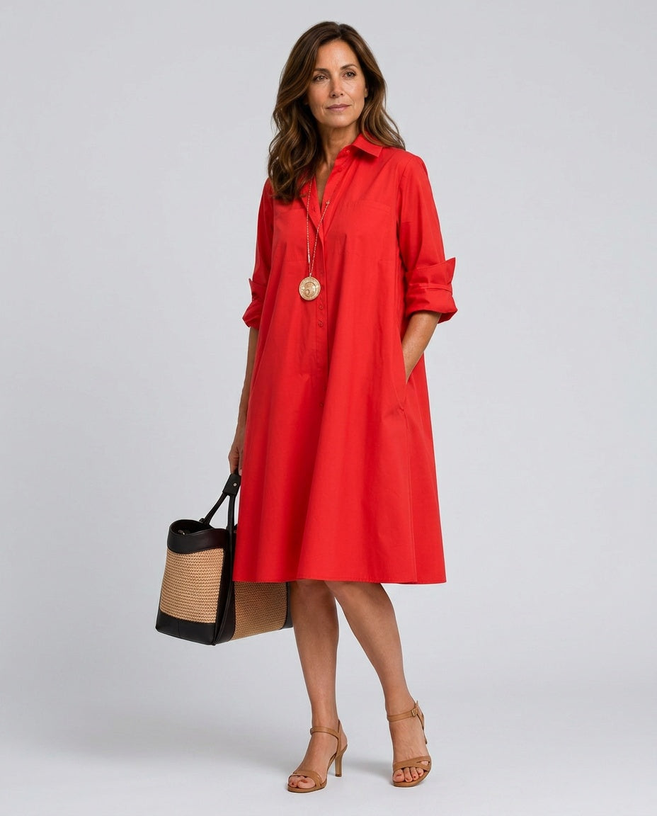Camille | Belted Button-Front Flowing Shirt Midi Dress