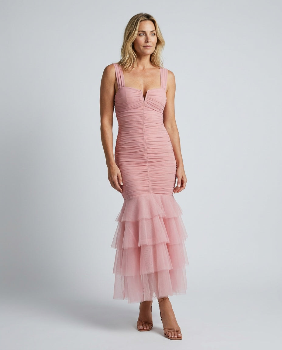 Cléone | Ruched Splicing Ruffle Midi Dress
