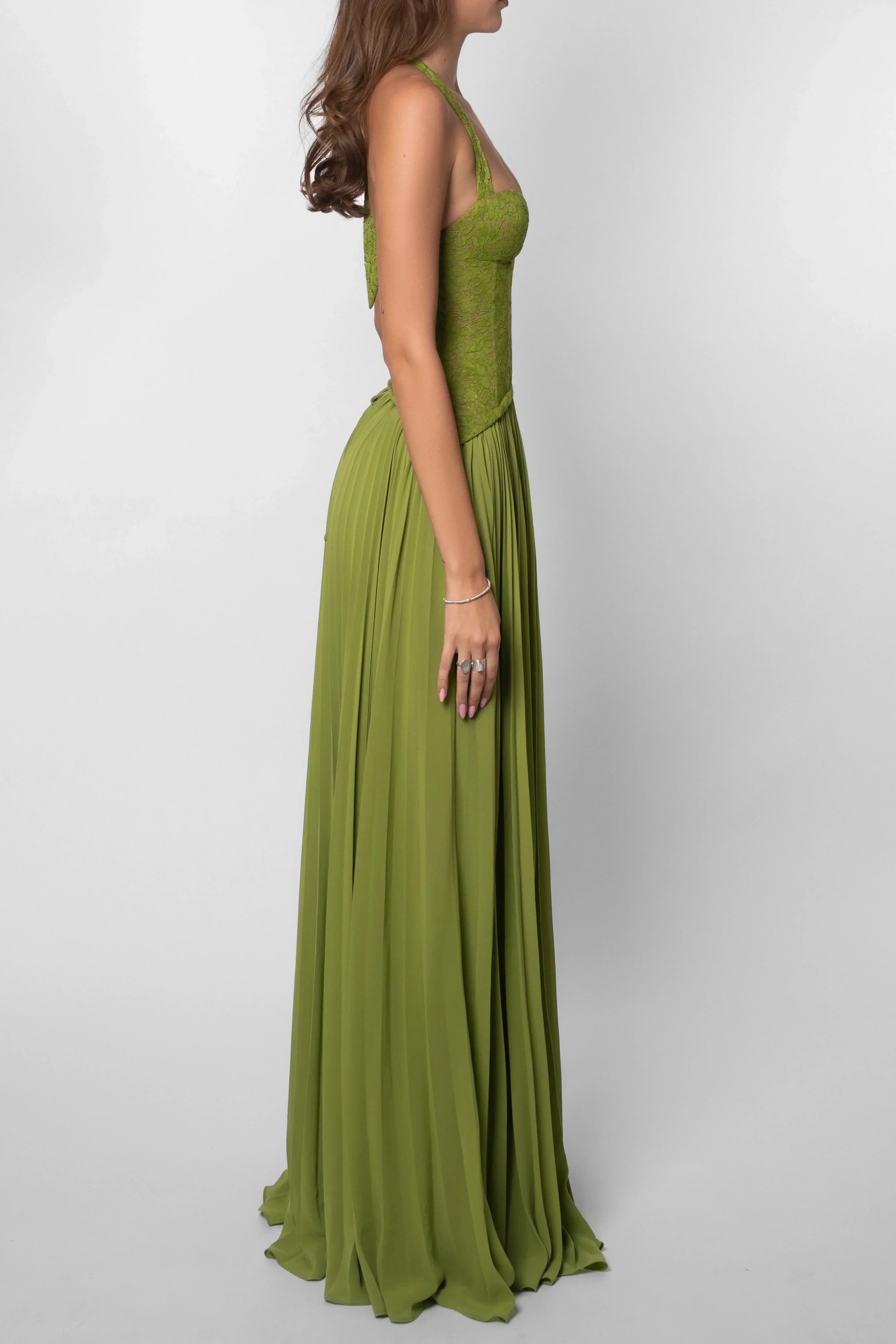 Faye | Pleated Corset Green Satin Maxi Dress
