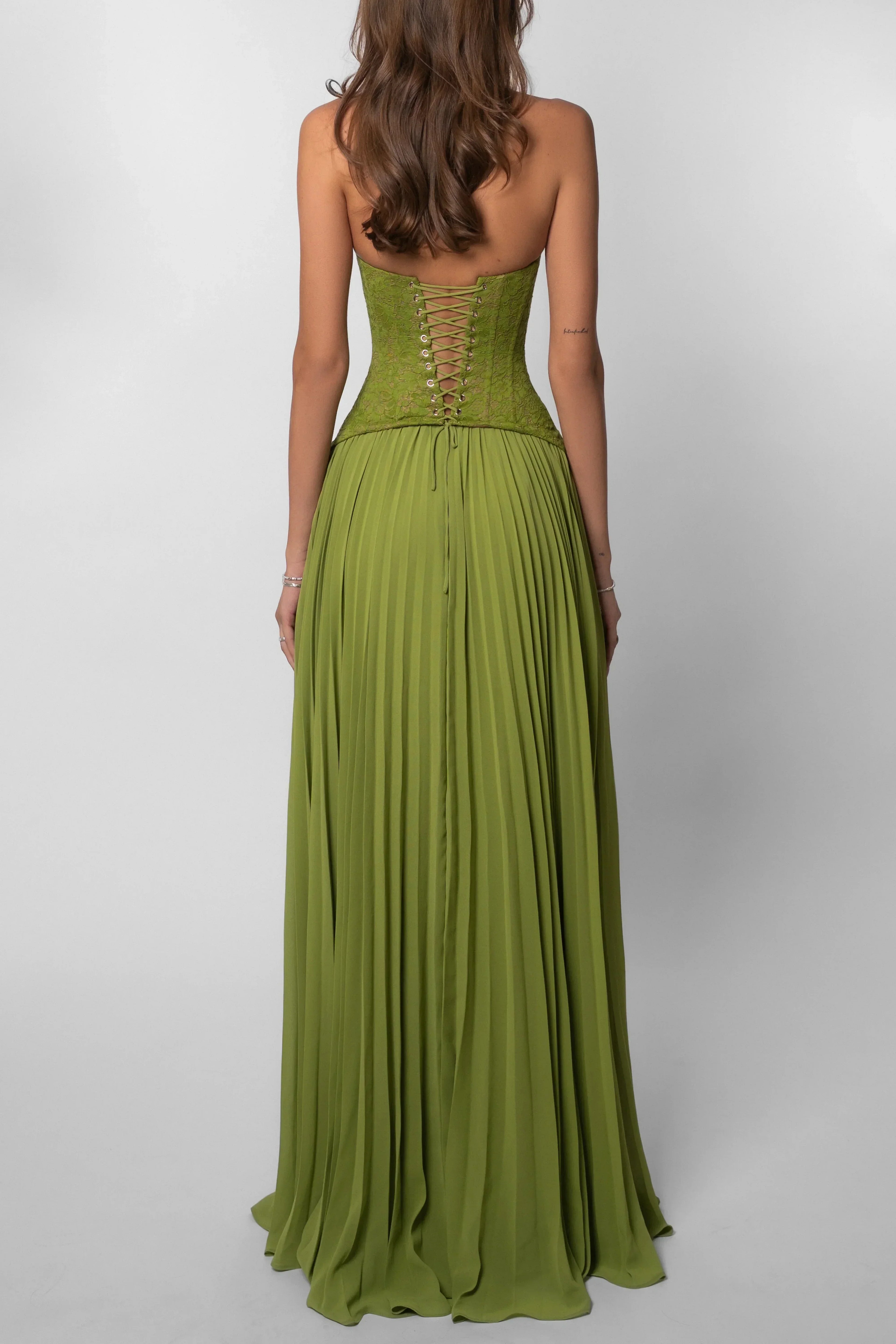 Faye | Pleated Corset Green Satin Maxi Dress
