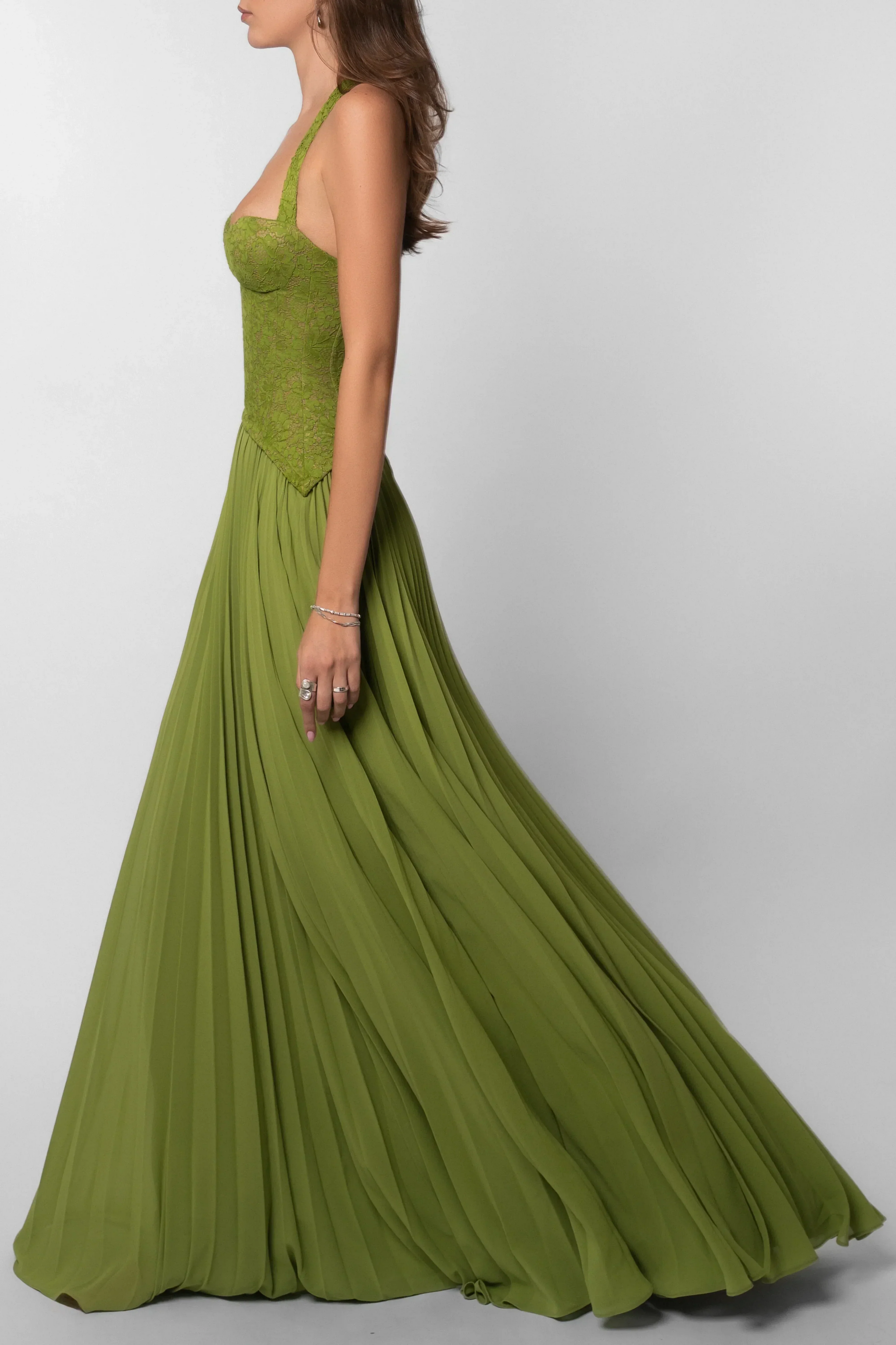 Faye | Pleated Corset Green Satin Maxi Dress
