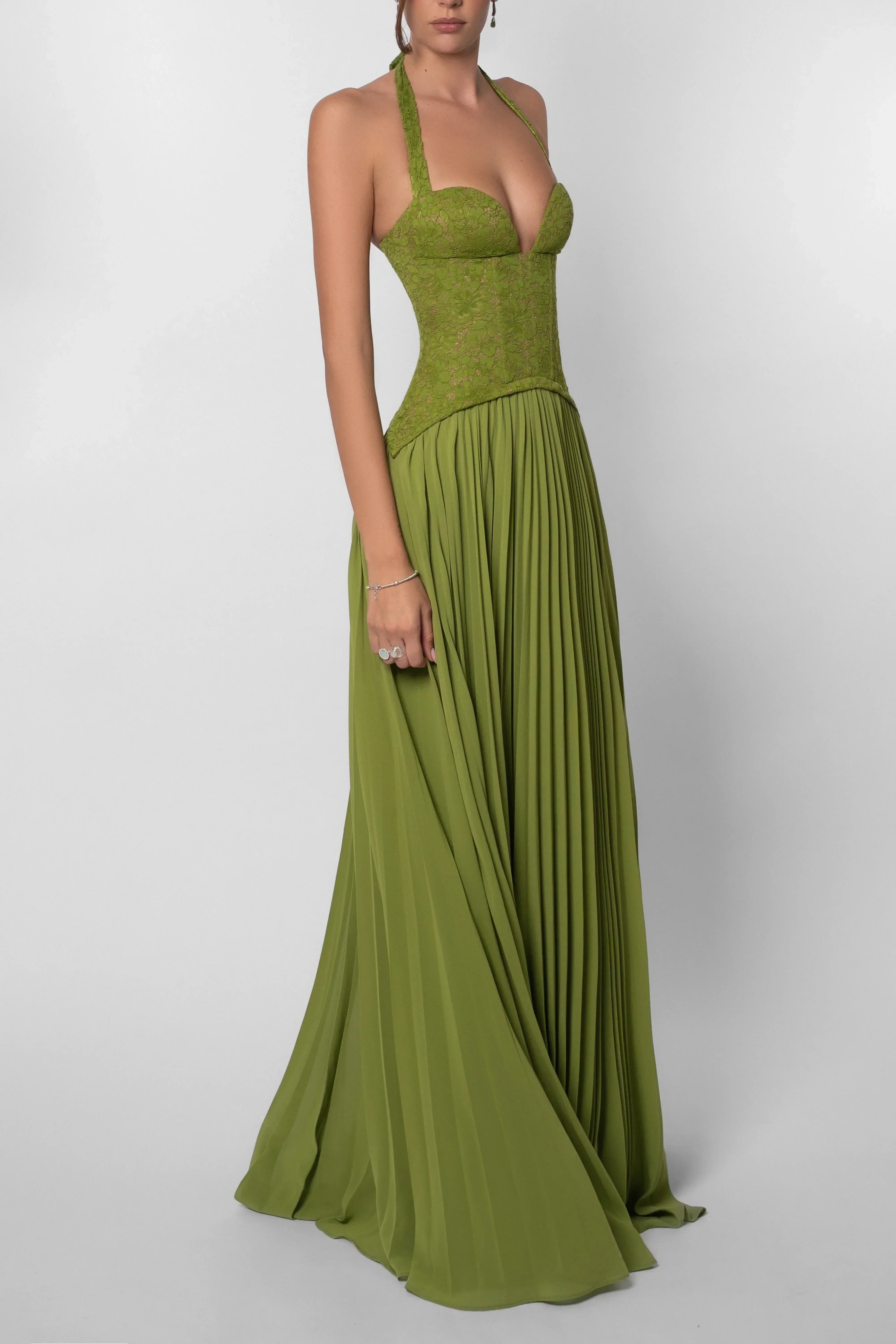 Faye | Pleated Corset Green Satin Maxi Dress