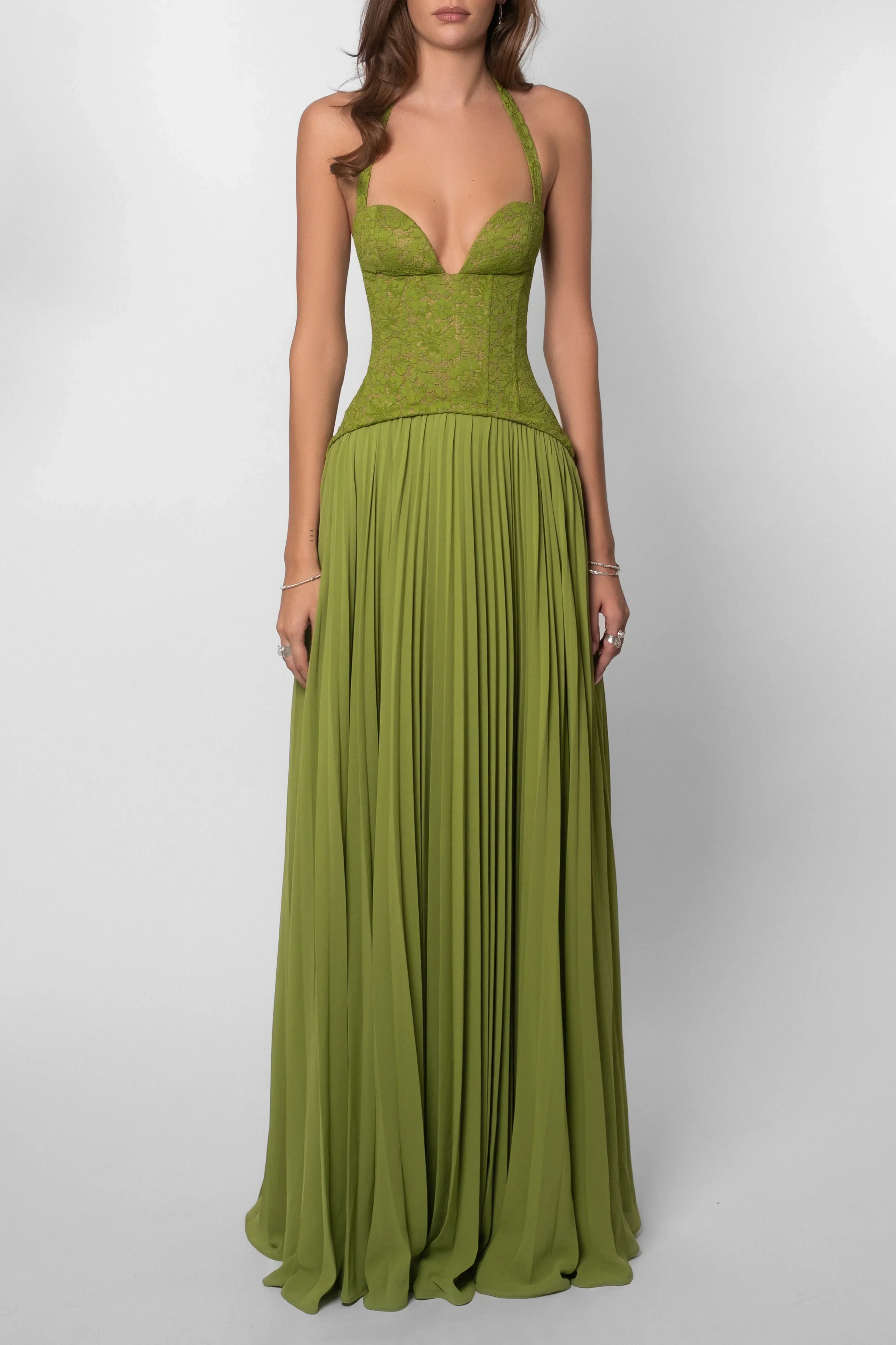 Faye | Pleated Corset Green Satin Maxi Dress