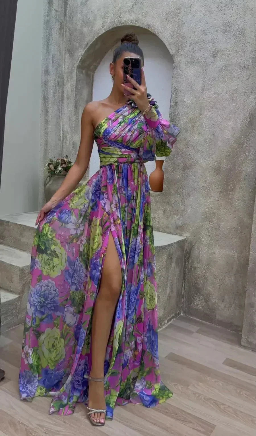 Nadia | One-Shoulder Floral Slit Maxi Dress