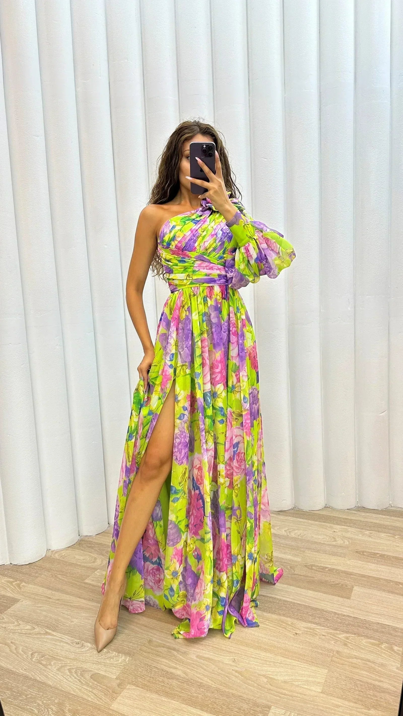 Nadia | One-Shoulder Floral Slit Maxi Dress