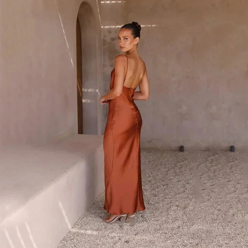 Ines | Waterfall Neckline Satin-Look Maxi Dress