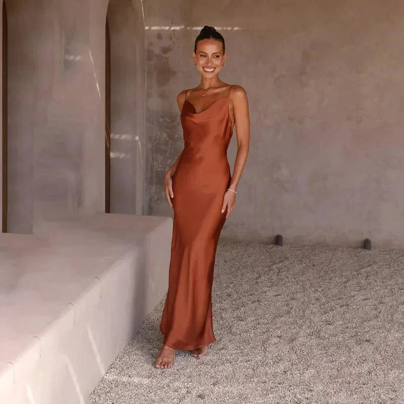 Ines | Waterfall Neckline Satin-Look Maxi Dress