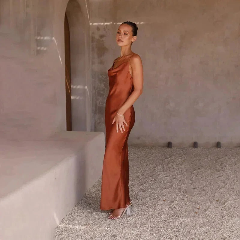 Ines | Waterfall Neckline Satin-Look Maxi Dress