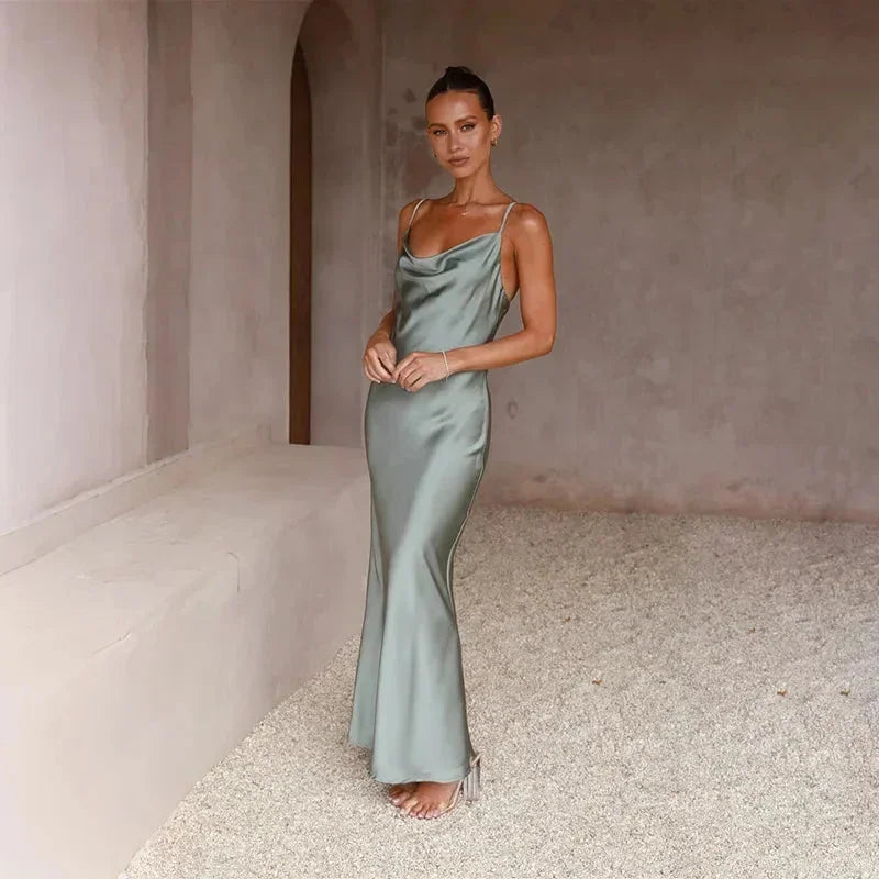 Ines | Waterfall Neckline Satin-Look Maxi Dress