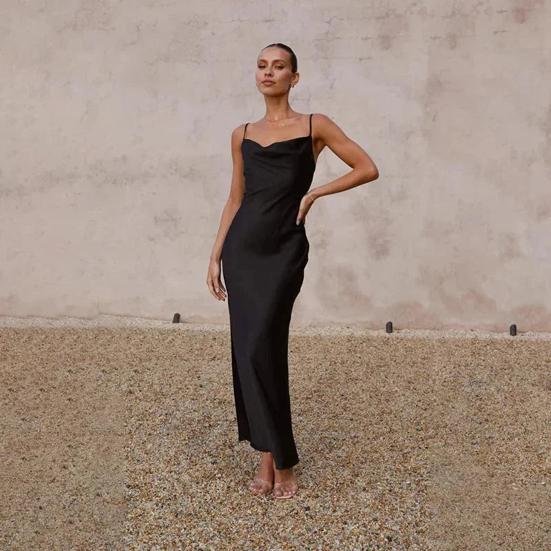 Ines | Waterfall Neckline Satin-Look Maxi Dress
