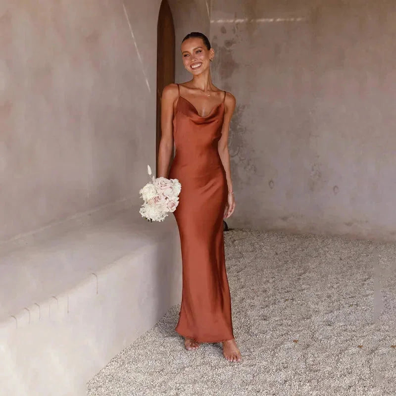 Ines | Waterfall Neckline Satin-Look Maxi Dress