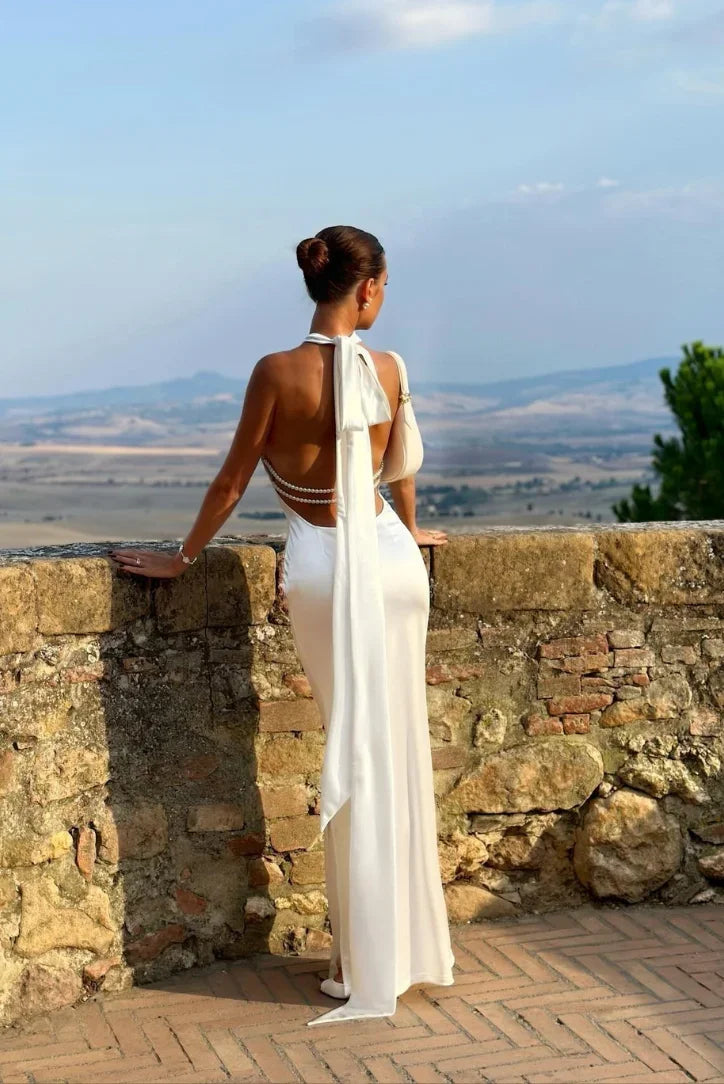 Amara | Open Back Bow-Tie Maxi Dress