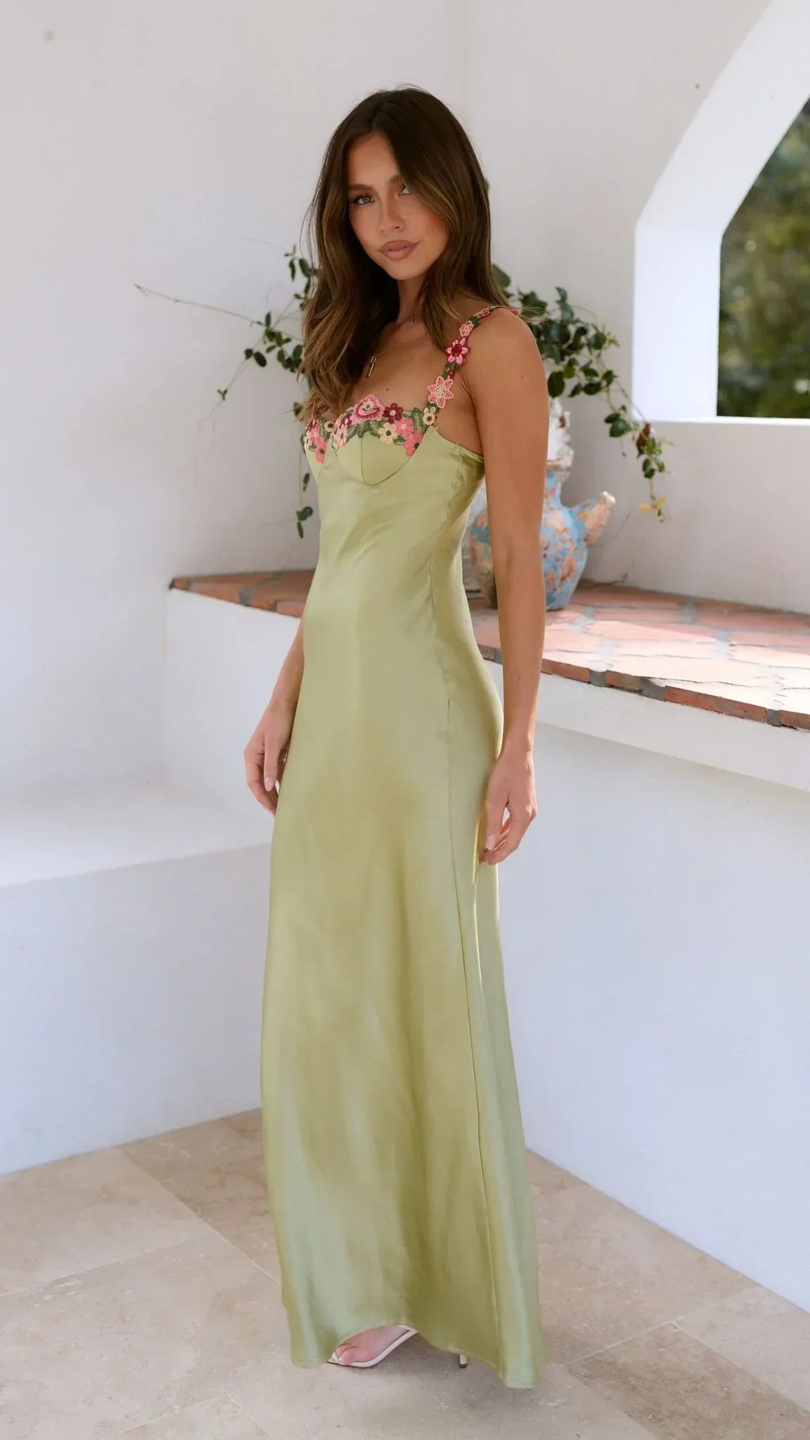 Mabel | Floral Strap Light Green Maxi Dress
