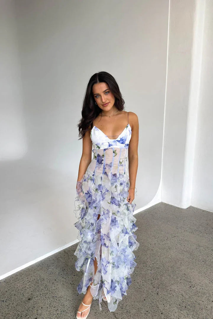 Opal | Floral Ruffle Corset Maxi Dress