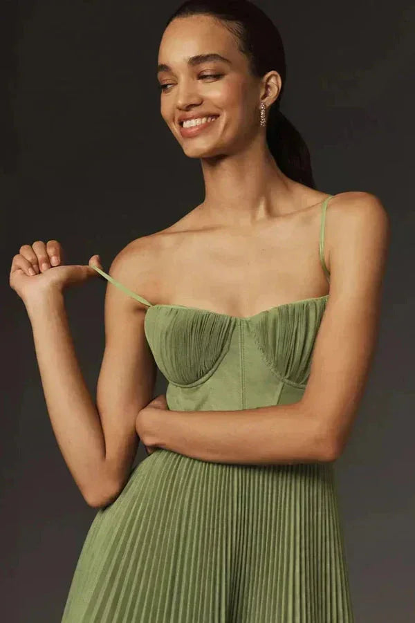 Josephine | Olive Green Pleated Satin-Look Midi Dress