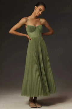 Josephine | Olive Green Pleated Satin-Look Midi Dress