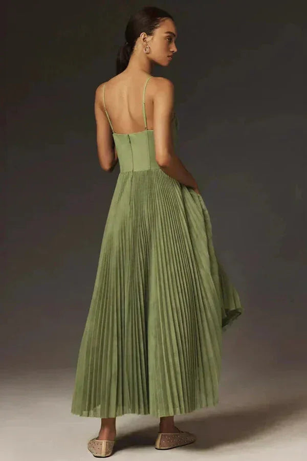 Josephine | Olive Green Pleated Satin-Look Midi Dress