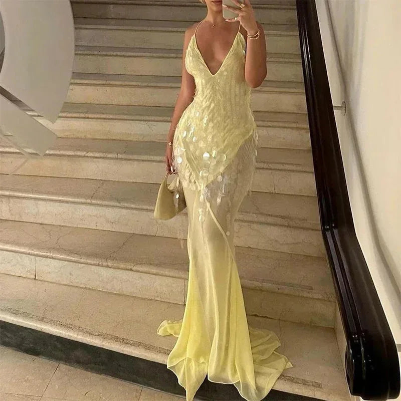 Goldie | V-Neck Sequin Crisscross-Back Maxi Dress