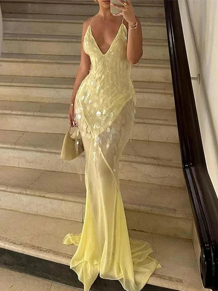 Goldie | V-Neck Sequin Crisscross-Back Maxi Dress
