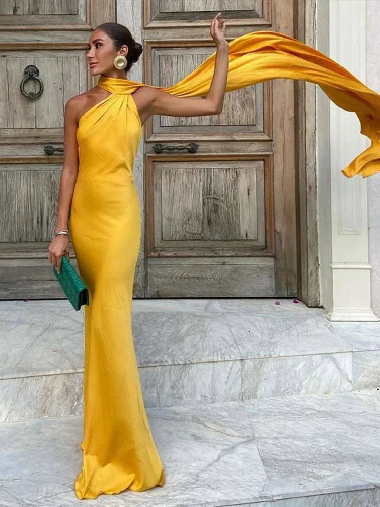 Ada | One-Shoulder Open Back Satin Maxi Dress