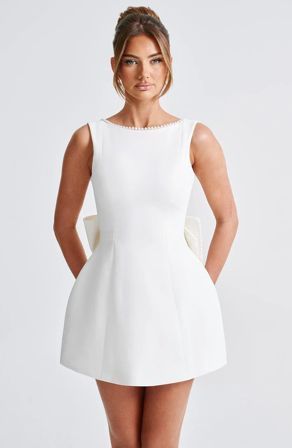 Willa | Open Back Pearl & Bow Mini Dress