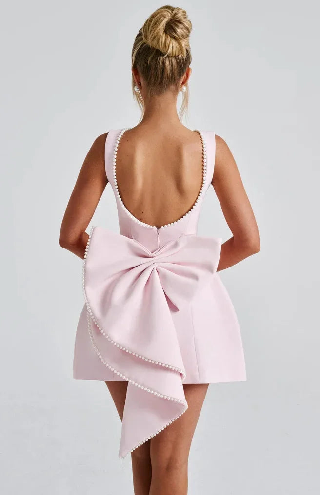 Willa | Open Back Pearl & Bow Mini Dress